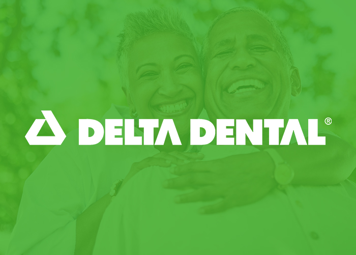 Delta Dental logo on green background with smiling patients, dental care branding