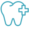 Blue line drawing of tooth with medical cross symbol representing dental care and treatment.
